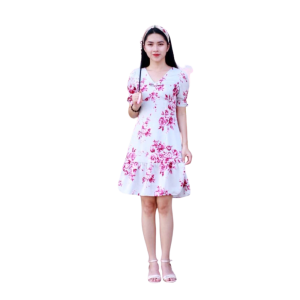 Đầm lụa cổ V xám hoa
