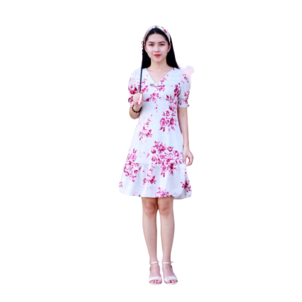 Đầm lụa cổ V xám hoa
