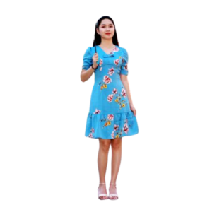 Đầm lụa cổ V xanh hoa