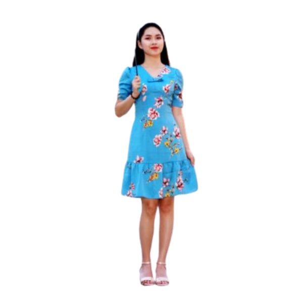 Đầm lụa cổ V xanh hoa