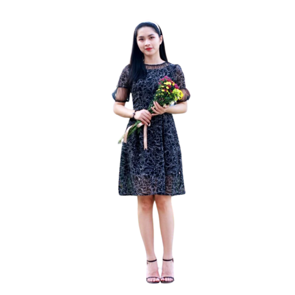 Đầm voan đen hoa phối lưới