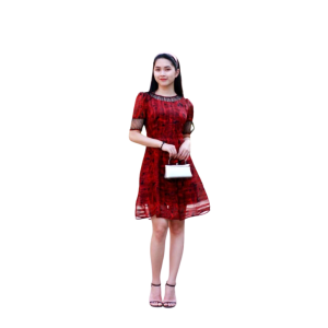 Đầm voan đỏ sọc phối lưới